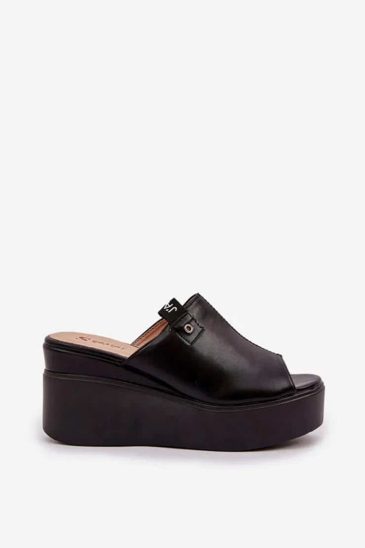 Damskie Boto Klapki Na Platformie I Koturnie Eko Skórzane Czarne Eridoria