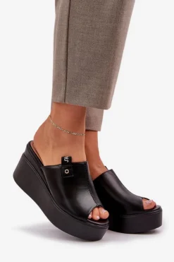 Damskie Boto Klapki Na Platformie I Koturnie Eko Skórzane Czarne Eridoria