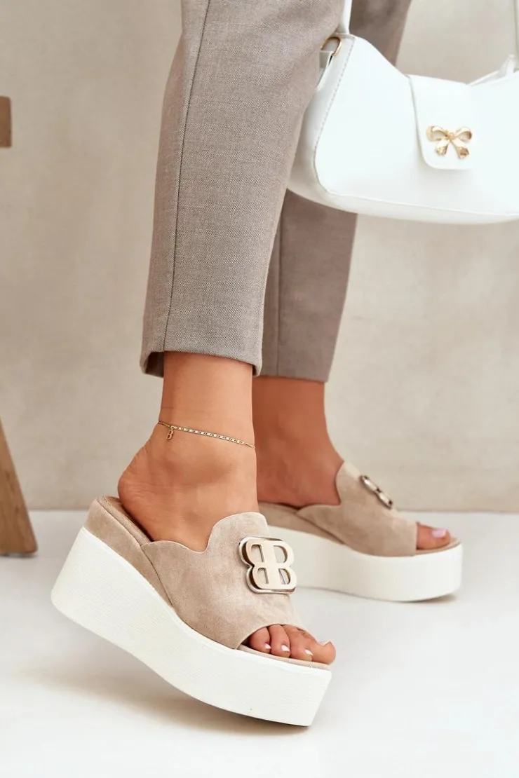 Best Boto Klapki Na Platformie I Koturnie Z Ozdobą Beżowe Tanonea Beżowy