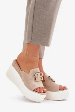 Best Boto Klapki Na Platformie I Koturnie Z Ozdobą Beżowe Tanonea Beżowy