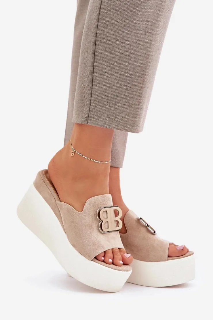 Best Boto Klapki Na Platformie I Koturnie Z Ozdobą Beżowe Tanonea Beżowy
