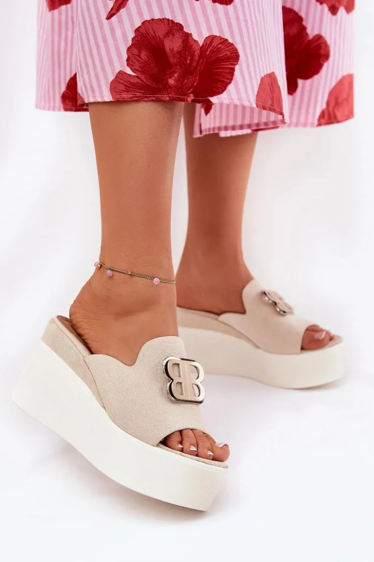 Damskie Boto Klapki Na Platformie I Koturnie Z Ozdobą Beżowe Tanonea