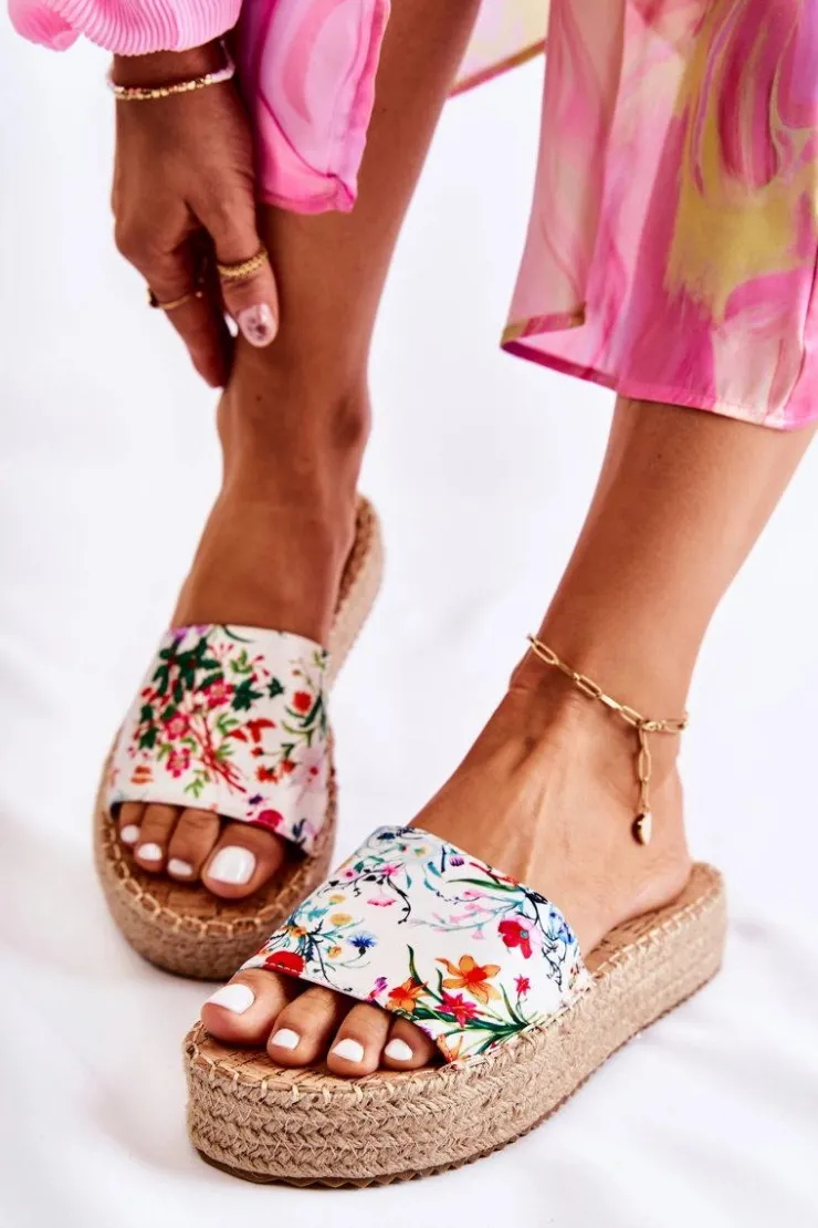 Damskie Boto Klapki Na Platformie W Kwiaty Białe Malia