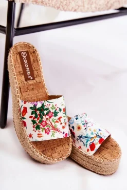 Damskie Boto Klapki Na Platformie W Kwiaty Białe Malia