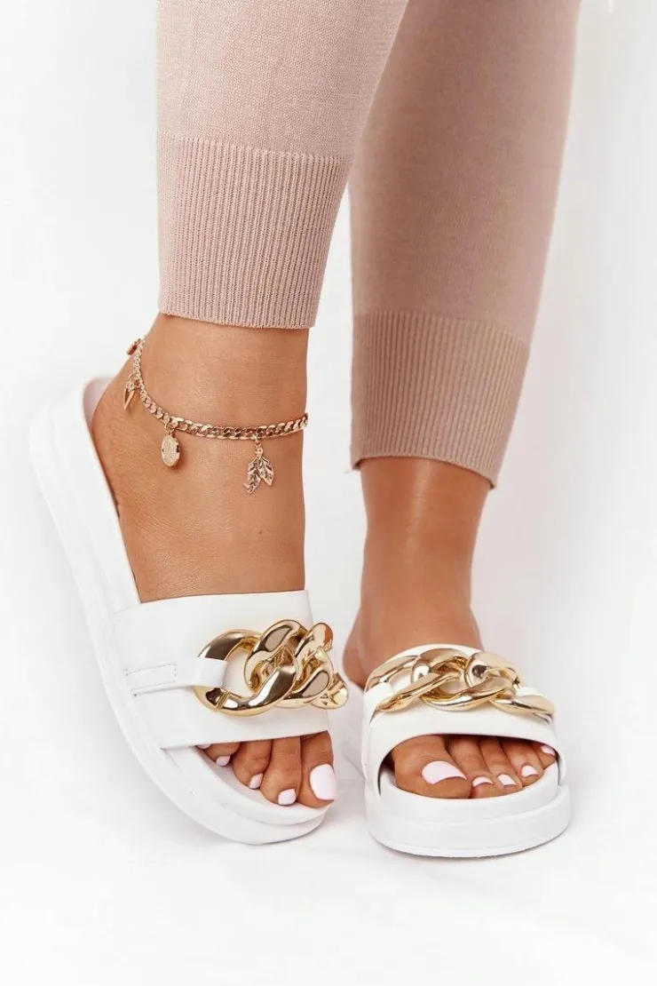 Damskie Boto Klapki Na Platformie Z Łańcuchem Białe Vacation