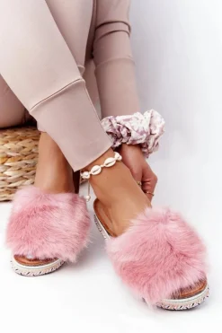 Damskie Boto Klapki Na Platformie z Futerkiem Różowe Adventure