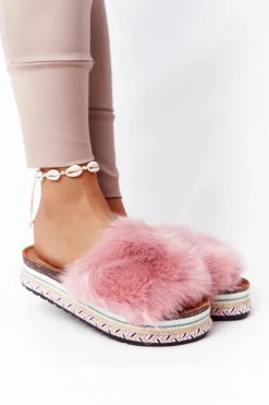 Damskie Boto Klapki Na Platformie z Futerkiem Różowe Adventure