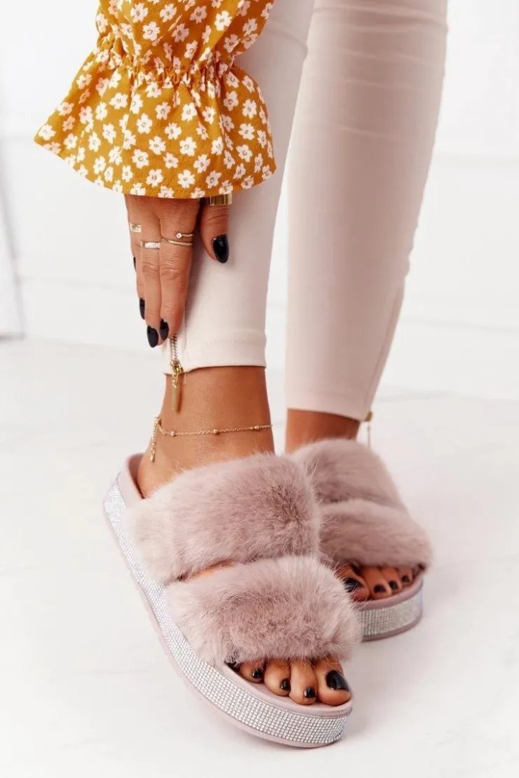 Sale Boto Klapki Na Platformie Z Futerkiem I Cyrkoniami Beżowe Wow!