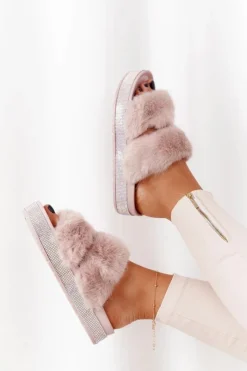 Sale Boto Klapki Na Platformie Z Futerkiem I Cyrkoniami Beżowe Wow!