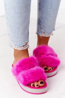 Damskie Boto Klapki Na Platformie Z Futerkiem I Cyrkoniami Fuksja Wow!