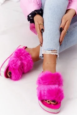 Damskie Boto Klapki Na Platformie Z Futerkiem I Cyrkoniami Fuksja Wow!