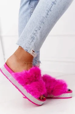 Damskie Boto Klapki Na Platformie Z Futerkiem I Cyrkoniami Fuksja Wow!