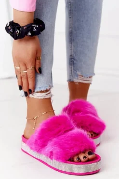 Damskie Boto Klapki Na Platformie Z Futerkiem I Cyrkoniami Fuksja Wow!