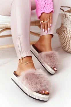 Damskie Boto Klapki Na Platformie z Futerkiem Beżowe Adventure