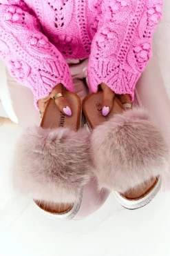 Damskie Boto Klapki Na Platformie z Futerkiem Beżowe Adventure