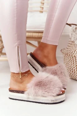 Damskie Boto Klapki Na Platformie z Futerkiem Beżowe Adventure