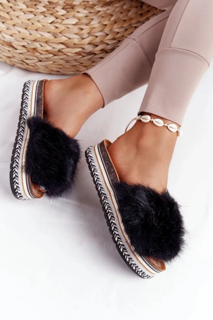 Discount Boto Klapki Na Platformie z Futerkiem Czarne Adventure