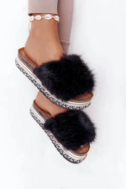 Discount Boto Klapki Na Platformie z Futerkiem Czarne Adventure