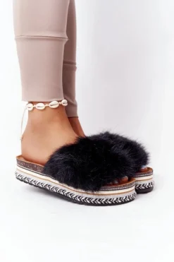 Discount Boto Klapki Na Platformie z Futerkiem Czarne Adventure