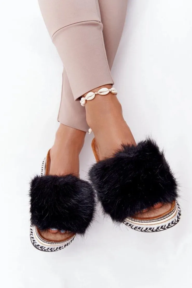 Discount Boto Klapki Na Platformie z Futerkiem Czarne Adventure