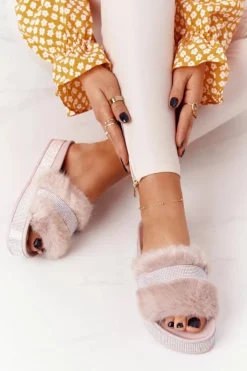 Boto Klapki Z Futerkiem|Klapki Na Platformie*Klapki Na Platformie Z Futerkiem I Cyrkoniami Beżowe Impress