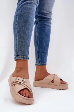 Outlet Boto Klapki Na Platformie Z Klamrą Beżowe Honavia