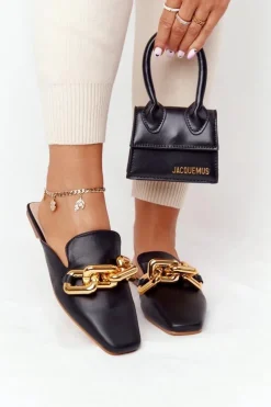 Boto Klapki Damskie Klasyczne*Klapki Z Cholewką I Łańcuchem Czarne Call On Me