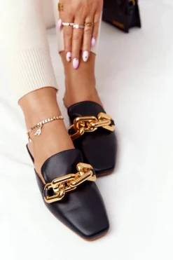 Boto Klapki Damskie Klasyczne*Klapki Z Cholewką I Łańcuchem Czarne Call On Me