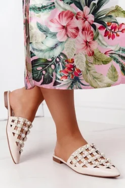 New Boto Klapki Z Cholewką I Perłami Beżowe Ripple