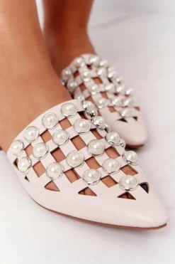 New Boto Klapki Z Cholewką I Perłami Beżowe Ripple