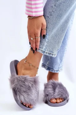 Damskie Boto Klapki Z Futerkiem Gumowe Szare Allyson