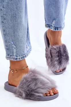 Damskie Boto Klapki Z Futerkiem Gumowe Szare Allyson