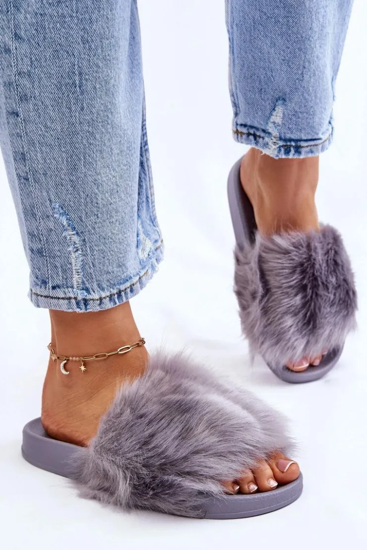 Damskie Boto Klapki Z Futerkiem Gumowe Szare Allyson