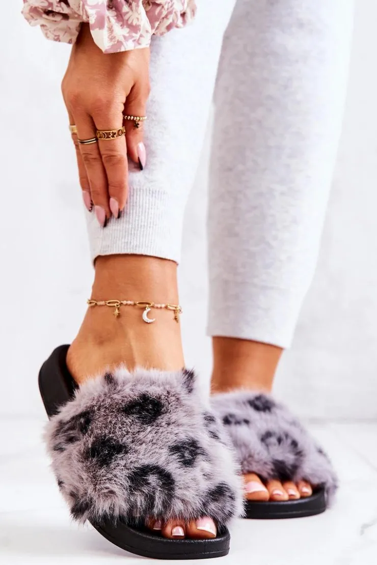 Damskie Boto Klapki Z Futerkiem Gumowe Panterka Szare Noelle