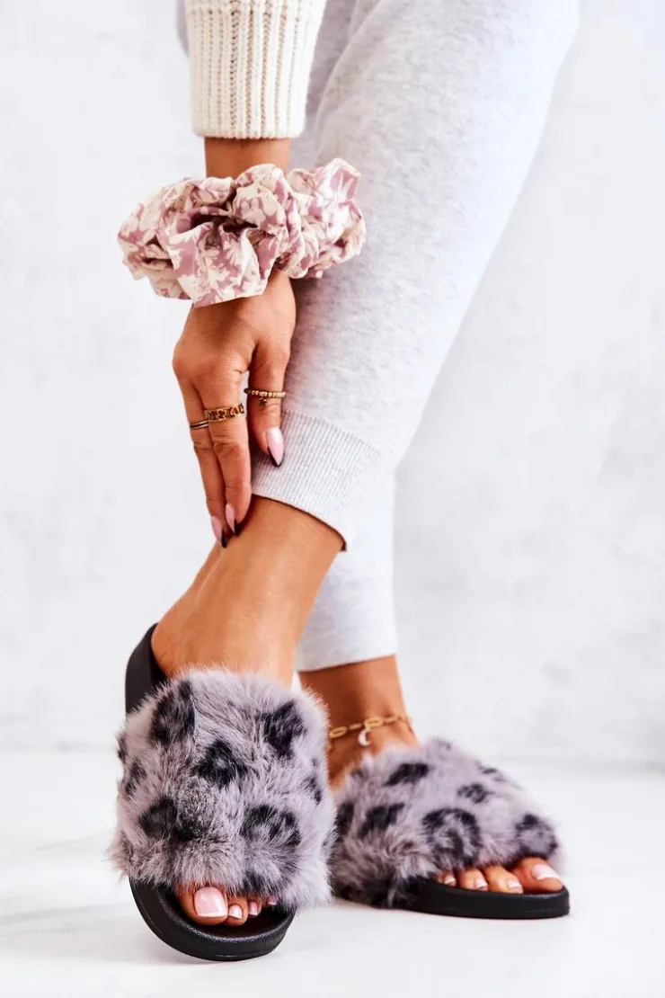 Damskie Boto Klapki Z Futerkiem Gumowe Panterka Szare Noelle