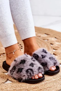Damskie Boto Klapki Z Futerkiem Gumowe Panterka Szare Noelle