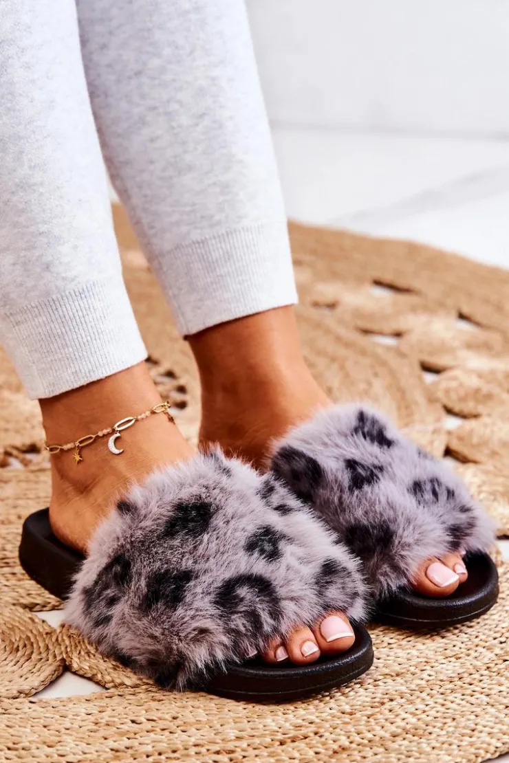 Damskie Boto Klapki Z Futerkiem Gumowe Panterka Szare Noelle