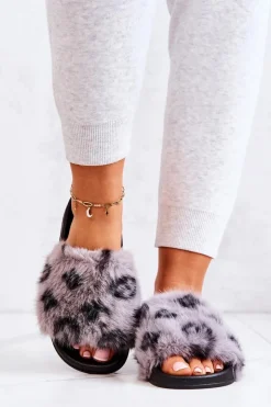 Damskie Boto Klapki Z Futerkiem Gumowe Panterka Szare Noelle