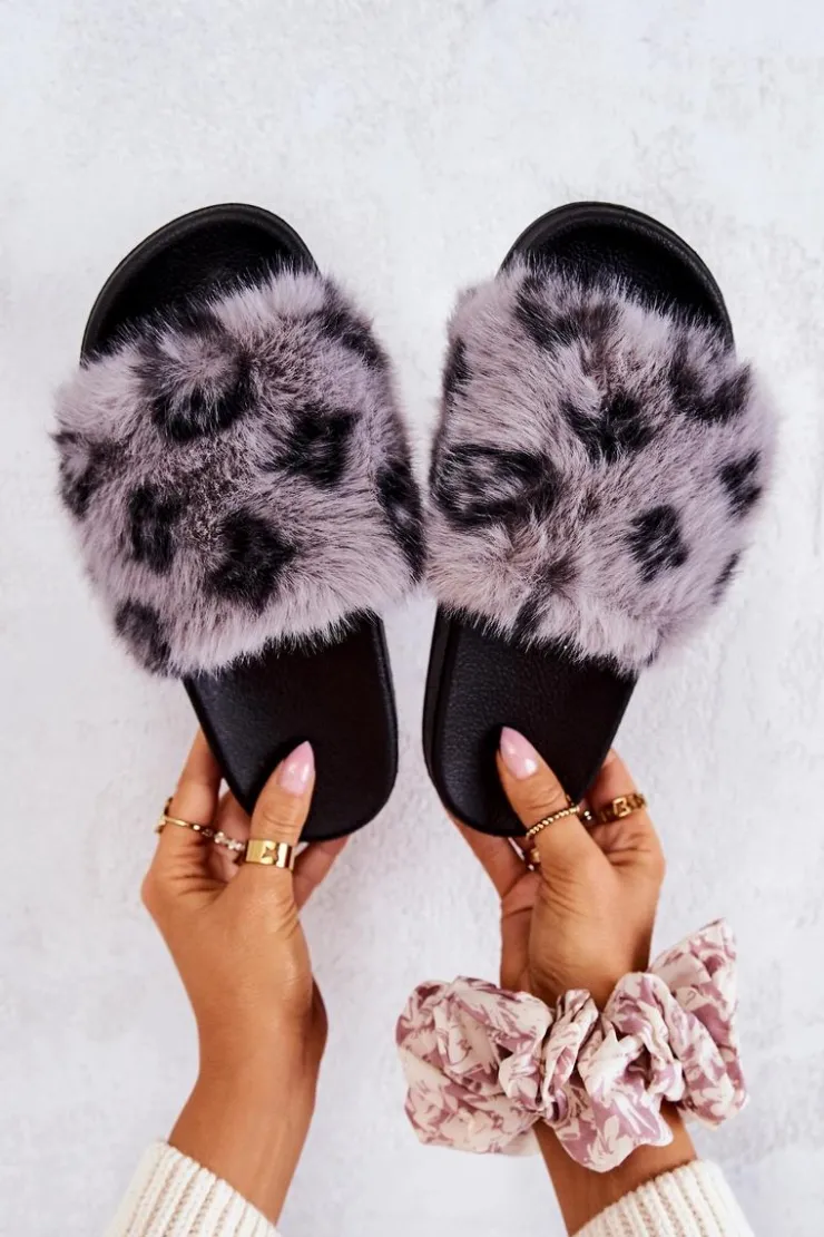 Damskie Boto Klapki Z Futerkiem Gumowe Panterka Szare Noelle