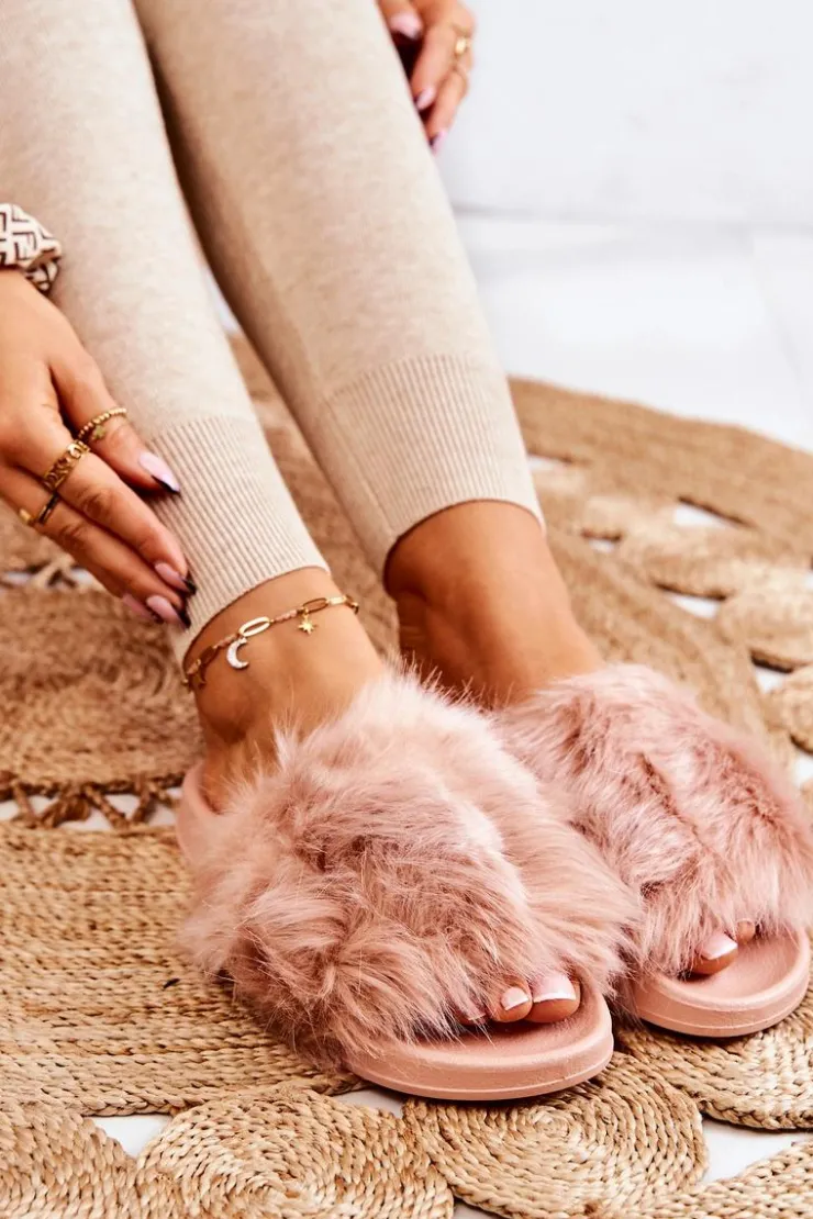 Boto Klapki Z Futerkiem|Klapki Damskie Klasyczne*Klapki Z Futerkiem Gumowe Brudny Róż Allyson