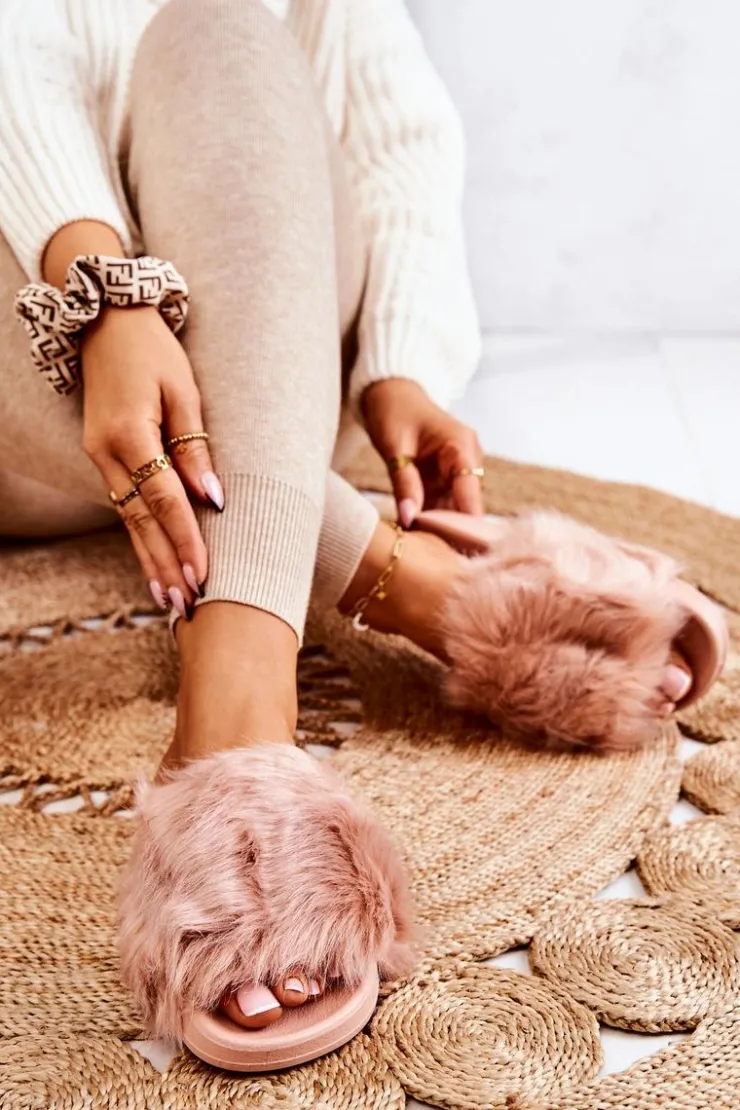 Boto Klapki Z Futerkiem|Klapki Damskie Klasyczne*Klapki Z Futerkiem Gumowe Brudny Róż Allyson