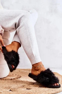 Damskie Boto Klapki Z Futerkiem Gumowe Czarne Pollie