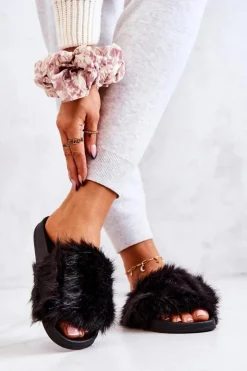 Damskie Boto Klapki Z Futerkiem Gumowe Czarne Pollie