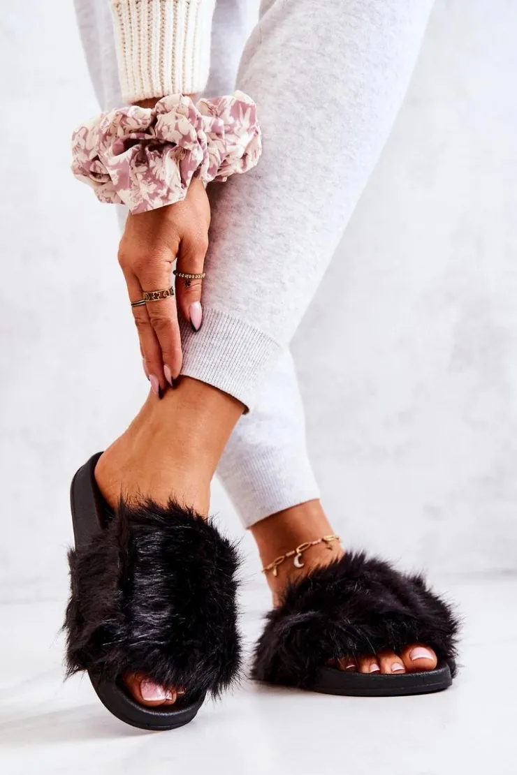 Damskie Boto Klapki Z Futerkiem Gumowe Czarne Pollie