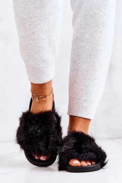 Damskie Boto Klapki Z Futerkiem Gumowe Czarne Pollie