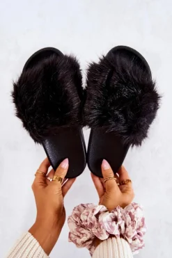 Damskie Boto Klapki Z Futerkiem Gumowe Czarne Pollie