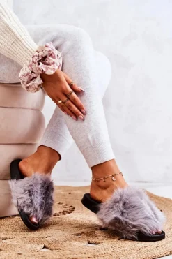 Damskie Boto Klapki Z Futerkiem Gumowe Szare Pollie