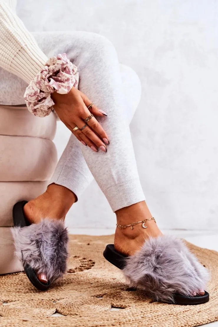 Damskie Boto Klapki Z Futerkiem Gumowe Szare Pollie