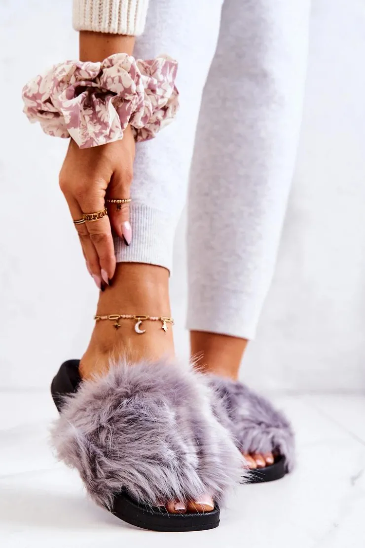 Damskie Boto Klapki Z Futerkiem Gumowe Szare Pollie