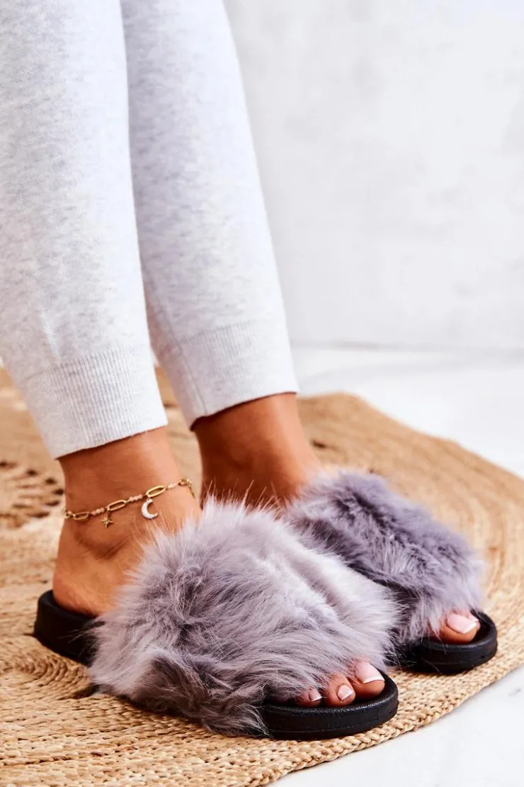 Damskie Boto Klapki Z Futerkiem Gumowe Szare Pollie